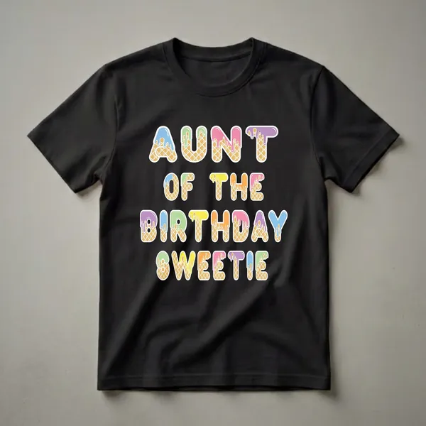 A black t-shirt with the words 'AUNT OF THE BIRTHDAY SWEETIE' in colorful, ice cream cone-shaped letters with dripping frosting.