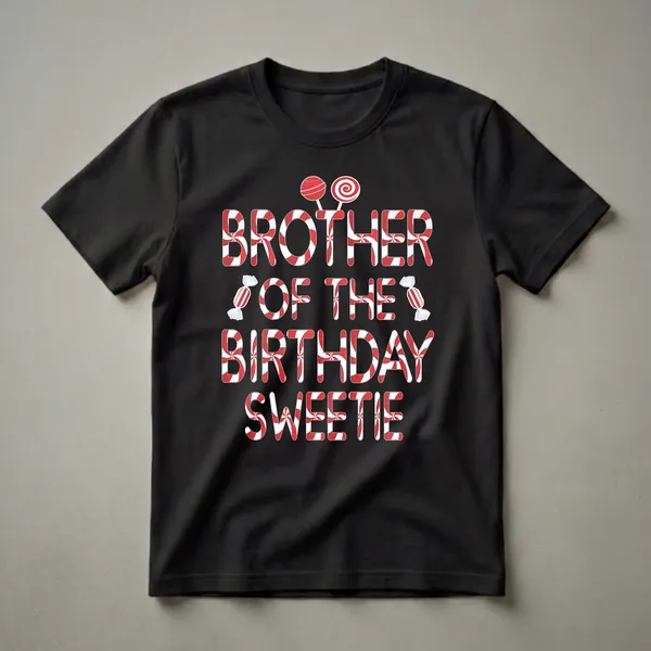 Black t-shirt with the words 'BROTHER OF THE BIRTHDAY SWEETIE' in red and white candy stripe lettering, adorned with lollipops and wrapped candies.