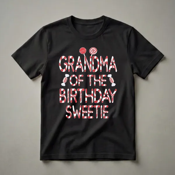 White graphic t-shirt with red and white candy-striped text that reads "GRANDMA OF THE BIRTHDAY SWEETIE," adorned with lollipops and wrapped candies.