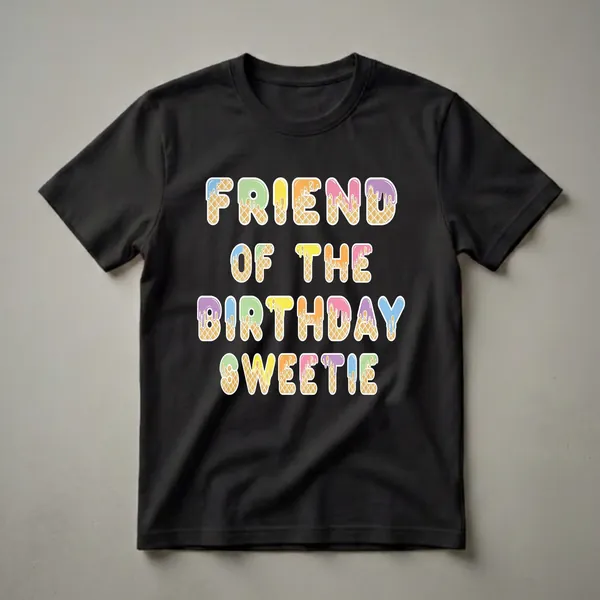Black t-shirt with the words 'FRIEND OF THE BIRTHDAY SWEETIE' in colorful, ice cream cone-shaped letters with dripping frosting.