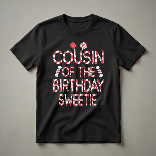 White and red candy-striped text reads 'COUSIN OF THE BIRTHDAY SWEETIE,' with lollipops and wrapped candies as accents, on a black t-shirt.