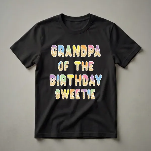 A graphic t-shirt featuring the text 'Grandpa Of The Birthday Sweetie' in colorful, ice cream cone-shaped letters with dripping frosting.