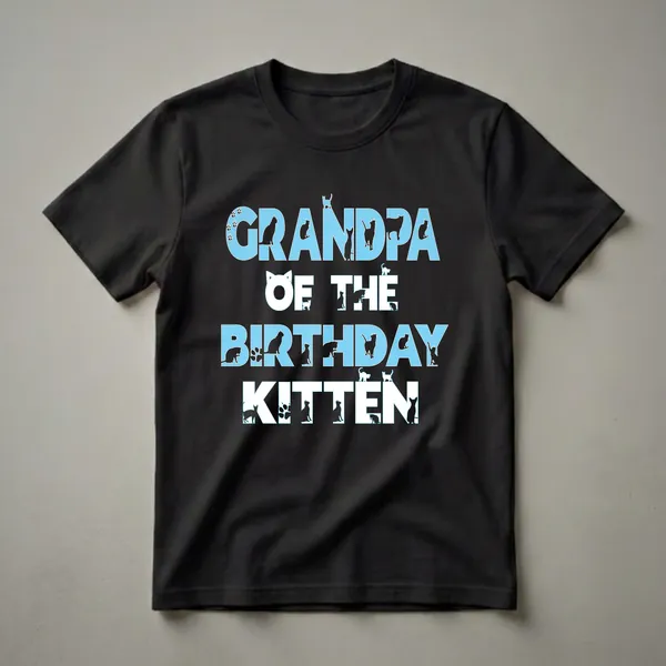 Light blue and white graphic t-shirt with black text that reads "Grandpa Of The Birthday Kitten", featuring numerous cat silhouettes and paw prints.