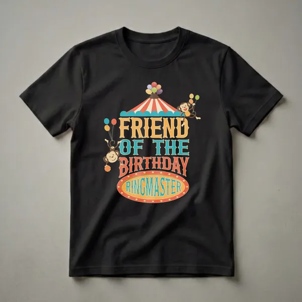 Black t-shirt featuring the text 'Friend of the Birthday Ringmaster' in colorful, vintage-style fonts, with circus tent graphics, balloons, and playful monkeys.