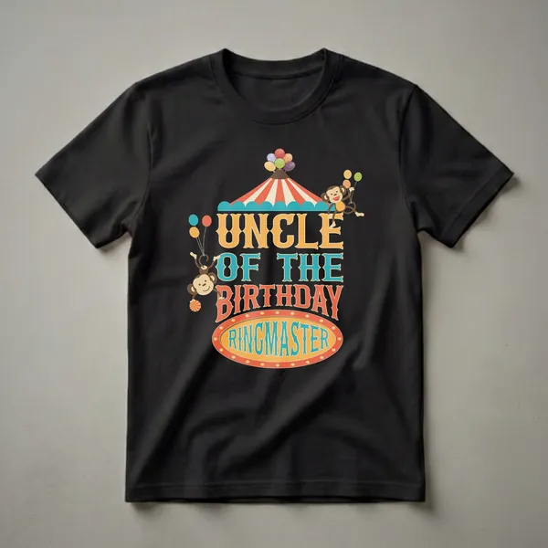 Black t-shirt featuring a circus tent, balloons, monkeys, and the text 'Uncle Of The Birthday Ringmaster' in vintage lettering.