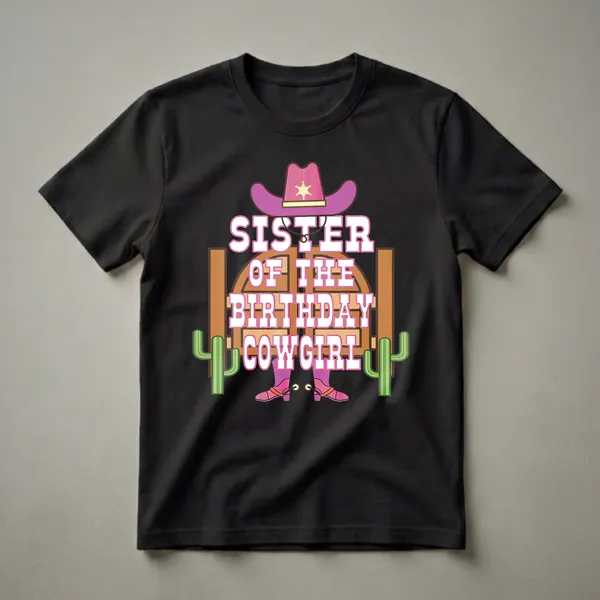 Pink and white 'Sister of the Birthday Cowgirl' graphic t-shirt design with a cowboy hat, boots, cacti, and a wooden fence.