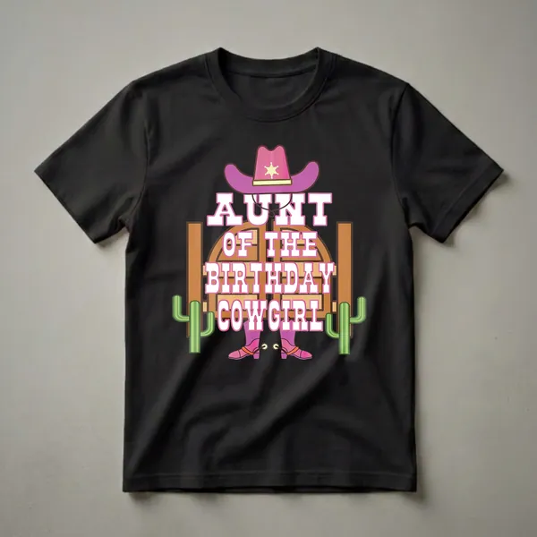 Graphic t-shirt featuring the text 'Aunt of the Birthday Cowgirl' with a pink cowboy hat, pink cowgirl boots with spurs, green cacti, and saloon doors.