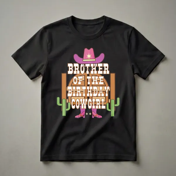 White graphic t-shirt featuring the text 'Brother of the Birthday Cowgirl' with a pink cowboy hat, pink cowboy boots with spurs, wooden saloon doors, and green cacti.