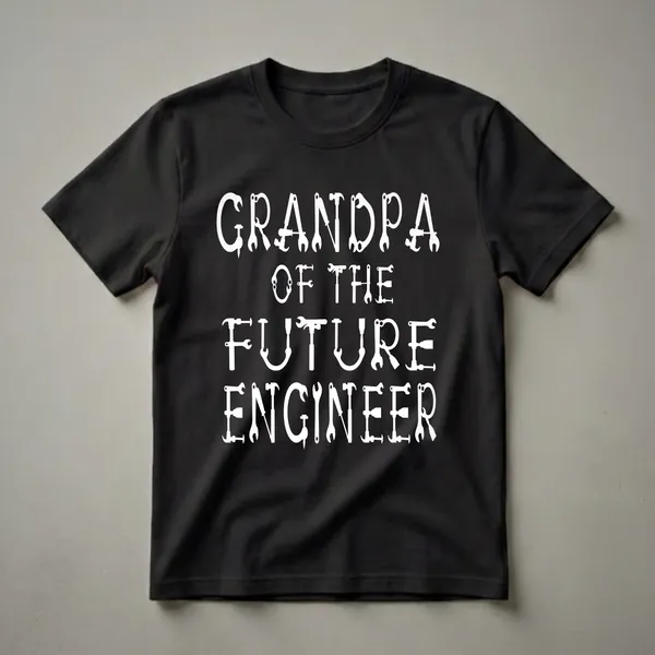 Black t-shirt with white text that reads 'Grandpa Of The Future Engineer', with letters formed from tools like wrenches and hammers.