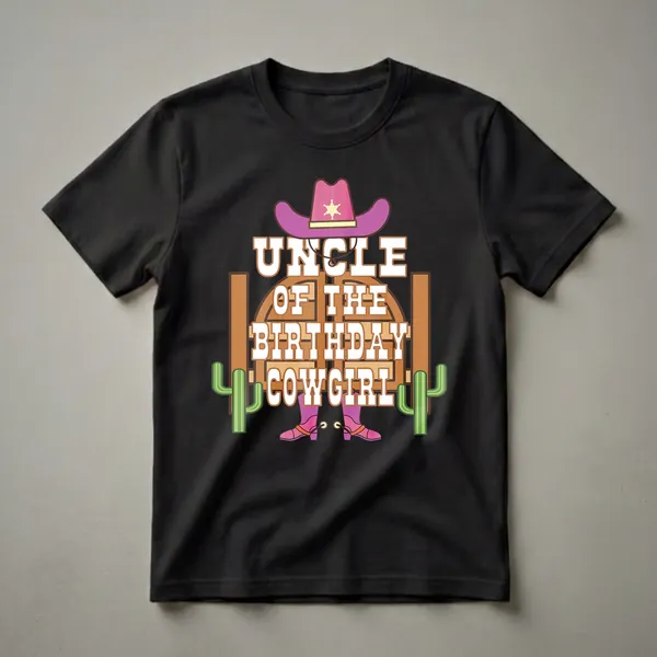 White graphic t-shirt featuring the text 'Uncle of the Birthday Cowgirl' with a pink cowboy hat, pink cowgirl boots with spurs, and green cacti.