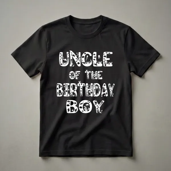 White graphic t-shirt with the text 'UNCLE OF THE BIRTHDAY BOY' filled with illustrations of fish, jellyfish, crabs, sea turtles, and anchors.