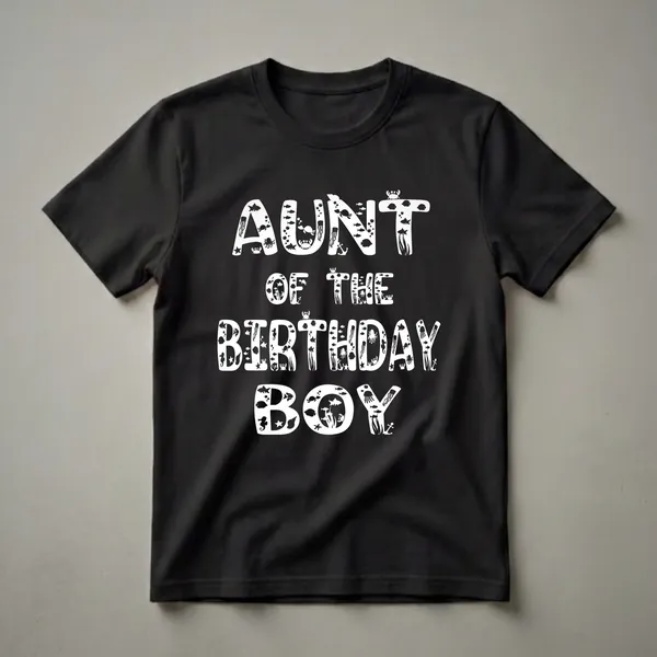 Black t-shirt with white text that reads 'AUNT OF THE BIRTHDAY BOY', with each letter filled with underwater marine life graphics like fish, jellyfish, crabs, and seahorses.