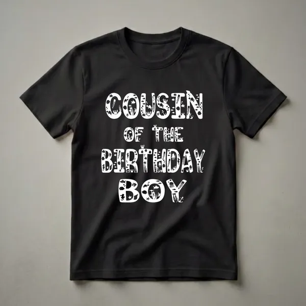 White graphic t-shirt with the words 'Cousin Of The Birthday Boy' filled with an underwater scene of fish, crabs, jellyfish, and anchors.