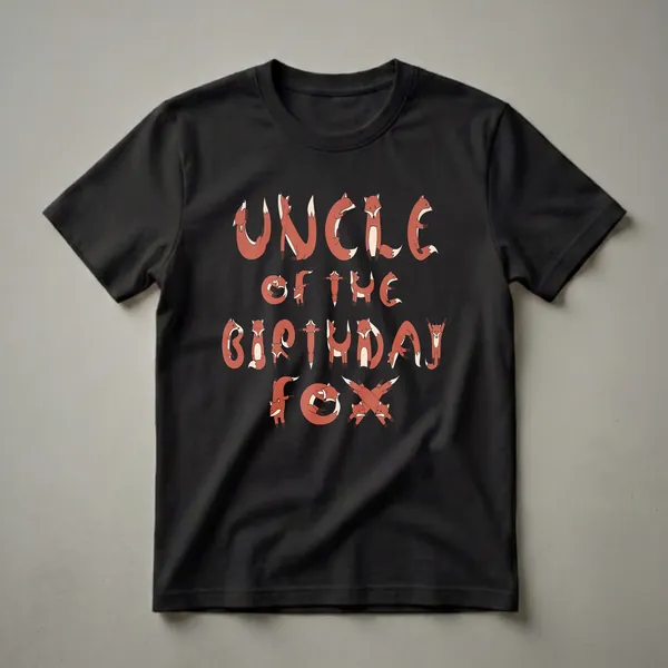 Black t-shirt with the words 'UNCLE OF THE BIRTHDAY FOX' spelled out by cartoon foxes in various playful and sleeping positions.