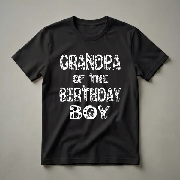 Black t-shirt with white text that reads 'Grandpa Of The Birthday Boy', with each letter filled with various underwater marine life like fish, octopuses, jellyfish, crabs, and seahorses.