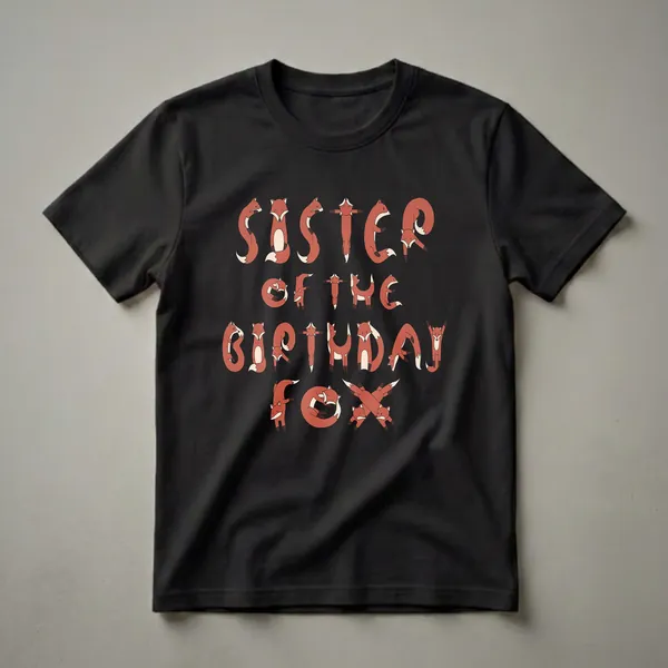 Black t-shirt with the words 'Sister Of The Birthday Fox' spelled out by cartoon foxes in various playful poses.