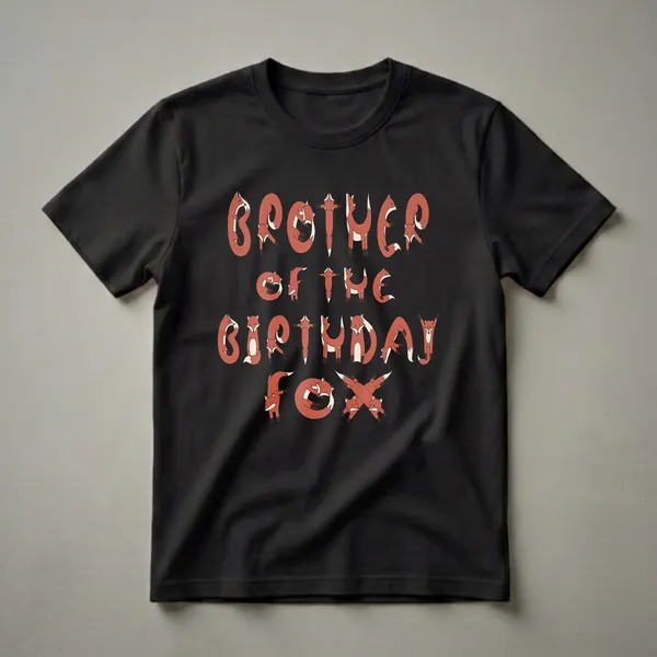 Black t-shirt with the phrase 'Brother of the Birthday Fox' spelled out using cartoon red foxes in various playful poses.