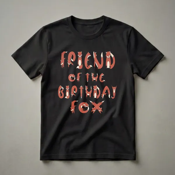 Black t-shirt with the words 'Friend Of The Birthday Fox' written in red and cream cartoon foxes in various playful poses.