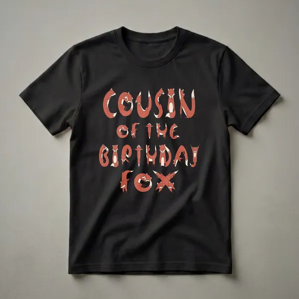 Black t-shirt with the words 'Cousin of the Birthday Fox' spelled out using cartoon foxes in various playful poses.