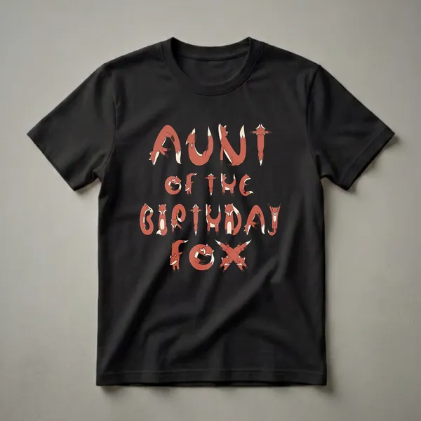 Black t-shirt with the phrase "Aunt Of The Birthday Fox" written in letters formed by cartoon foxes in various playful poses.