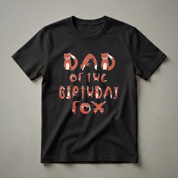 Black t-shirt with the words 'Dad Of The Birthday Fox' spelled out using cartoon foxes in various playful poses.