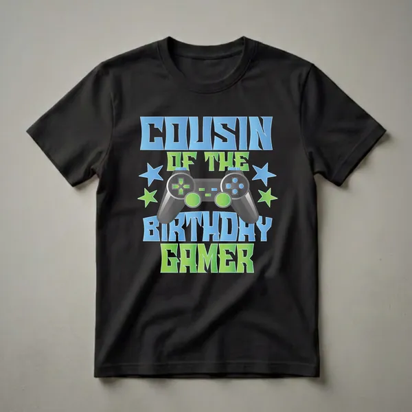 Black t-shirt with blue and green gradient text reading 'COUSIN OF THE BIRTHDAY GAMER' and a graphic of a video game controller with stars.