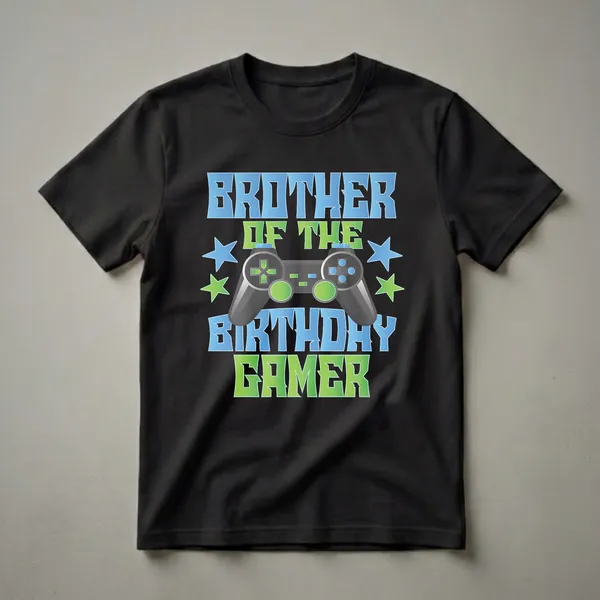 Black t-shirt with blue and green text that reads 'Brother of the Birthday Gamer' surrounding a gray video game controller with blue and green stars.