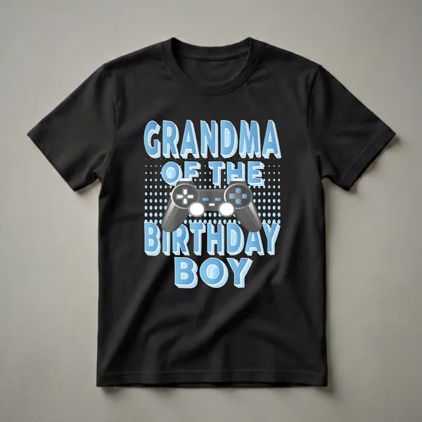 Black t-shirt with blue text reading "GRANDMA OF THE BIRTHDAY BOY" and a graphic of a video game controller in the center.
