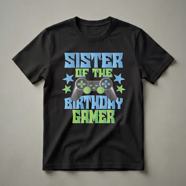 Black t-shirt with blue and green text reading "Sister of the Birthday Gamer" and a graphic of a video game controller with blue and green stars.