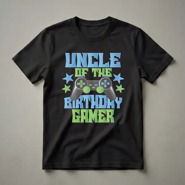 Black t-shirt with blue and green gradient text that reads "UNCLE OF THE BIRTHDAY GAMER" and a graphic of a video game controller with stars.
