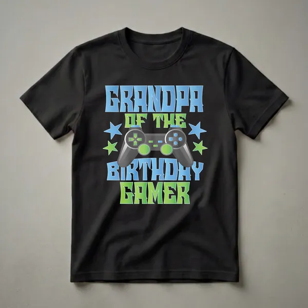 Black t-shirt with blue and green text that reads "Grandpa Of The Birthday Gamer" with a graphic of a video game controller and stars.