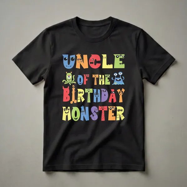 Black t-shirt with colorful, cartoon letters spelling 'UNCLE OF THE BIRTHDAY MONSTER', featuring various monster characters integrated into the design.