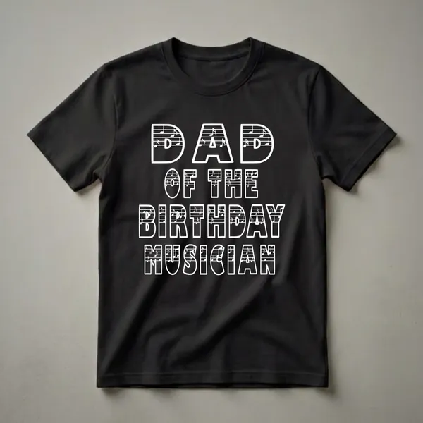 Black t-shirt with white text that reads "DAD OF THE BIRTHDAY MUSICIAN" with musical notes and staff lines integrated into the letters.