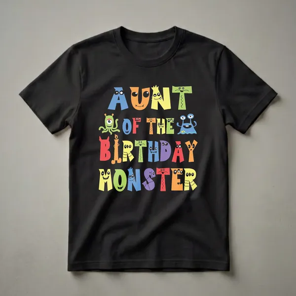 A colorful graphic t-shirt with bold letters that read 'Aunt of the Birthday Monster', featuring various cartoon monster and alien characters integrated into the text.