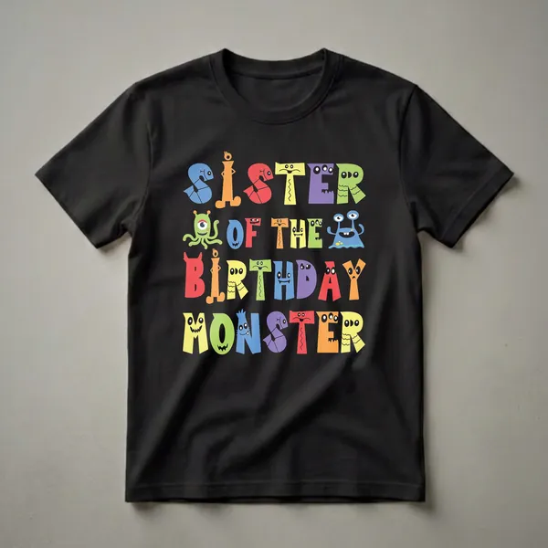 Black t-shirt with colorful letters forming 'Sister Of The Birthday Monster', featuring various cartoon monsters and alien creatures integrated into the design.