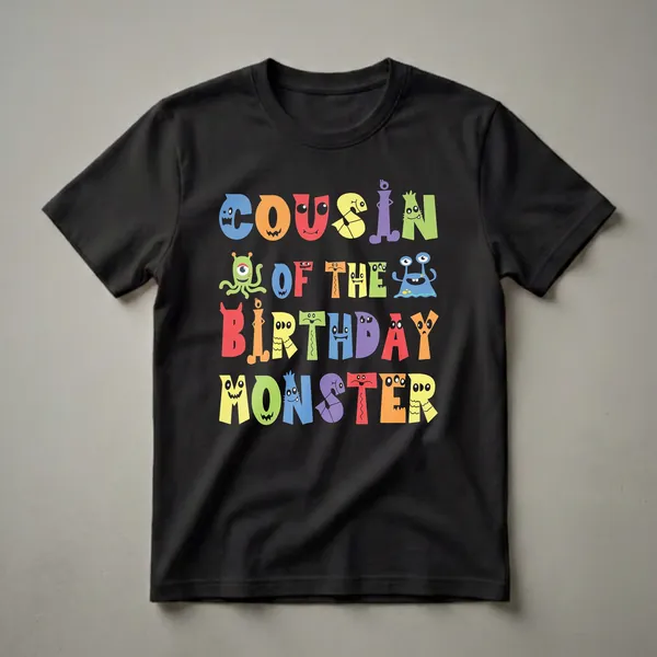 Colorful graphic t-shirt with the words 'Cousin Of The Birthday Monster' spelled out in block letters, with each letter featuring a unique cartoon monster illustration.