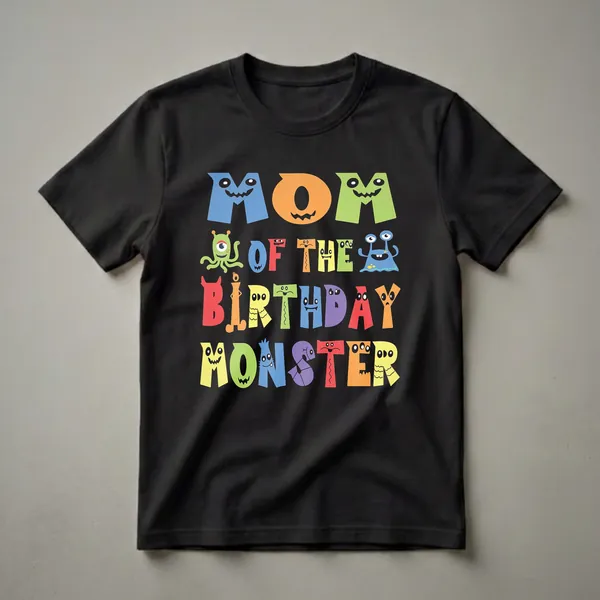 Black t-shirt with colorful monster letters spelling 'MOM OF THE BIRTHDAY MONSTER' and cartoon alien illustrations.