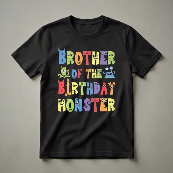 Black t-shirt with colorful text that reads 'BROTHER OF THE BIRTHDAY MONSTER', with each letter designed as a cartoon monster or alien.