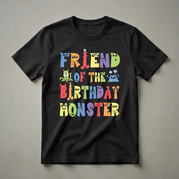 Black t-shirt with colorful, cartoonish monster letters spelling 'FRIEND OF THE BIRTHDAY MONSTER', designed for kids attending a birthday party.