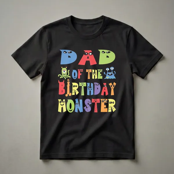 Black t-shirt with colorful text and cartoon monsters spelling 'Dad Of The Birthday Monster' in a playful, whimsical style.