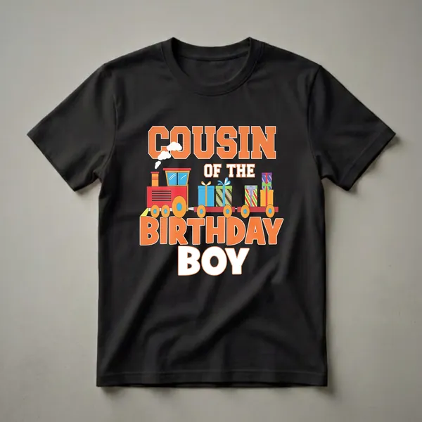 Black t-shirt with orange and white text reading 'COUSIN OF THE BIRTHDAY BOY' above a cartoon red train carrying wrapped gifts.