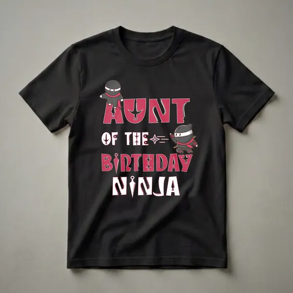 Black t-shirt with bold red text 'AUNT OF THE BIRTHDAY NINJA' and two cartoon ninjas with black masks and red sashes on either side.