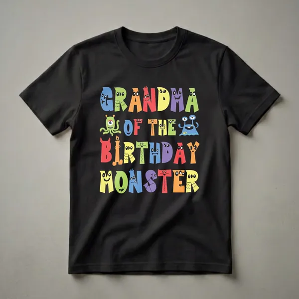 Graphic t-shirt with colorful letters forming 'Grandma Of The Birthday Monster', with each letter designed as a cartoon monster with eyes and mouths.