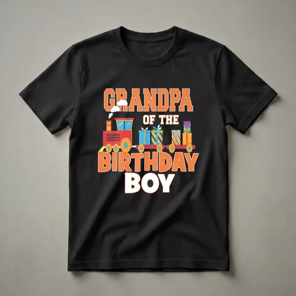 Black t-shirt featuring the text 'Grandpa Of The Birthday Boy' with a red train carrying colorful gift boxes in between the text.