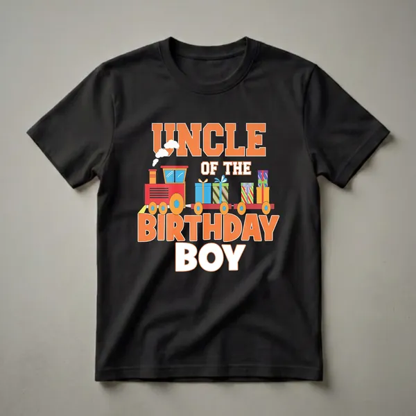 Black t-shirt with orange and white text 'UNCLE OF THE BIRTHDAY BOY' above a red cartoon train pulling colorful gift boxes.