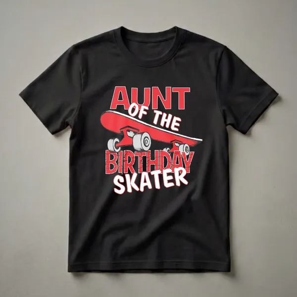 Black t-shirt with red and white text reading 'AUNT OF THE BIRTHDAY SKATER' above a red skateboard graphic with grey wheels.