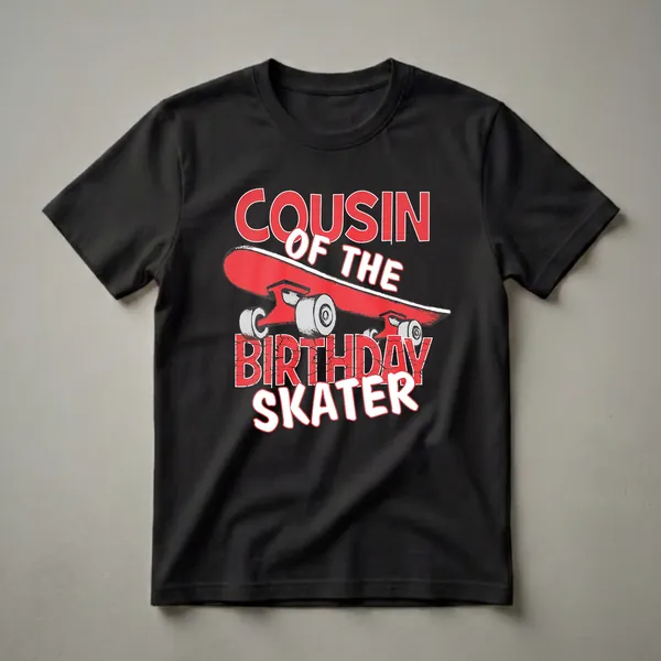 Black t-shirt with red and white distressed text reading "COUSIN OF THE BIRTHDAY SKATER" and a graphic of a red skateboard.