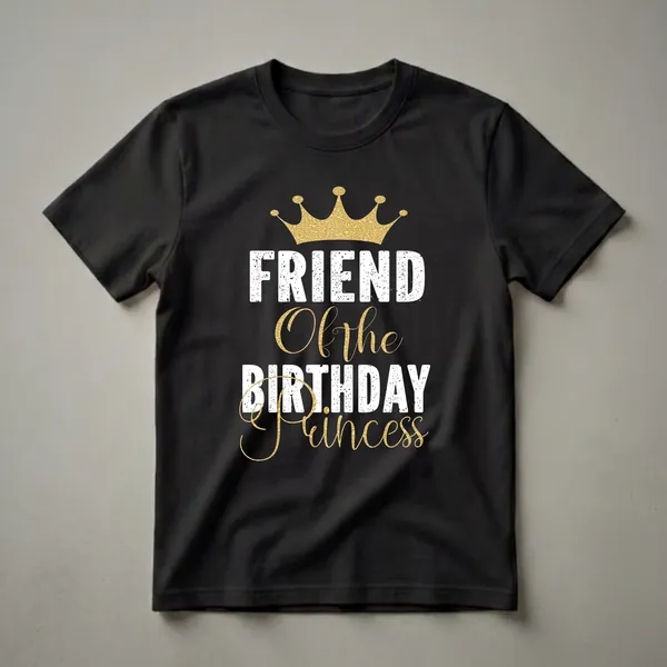 Black t-shirt with a gold glitter crown and distressed white text reading 'FRIEND' above gold script text reading 'Of the BIRTHDAY Princess'.