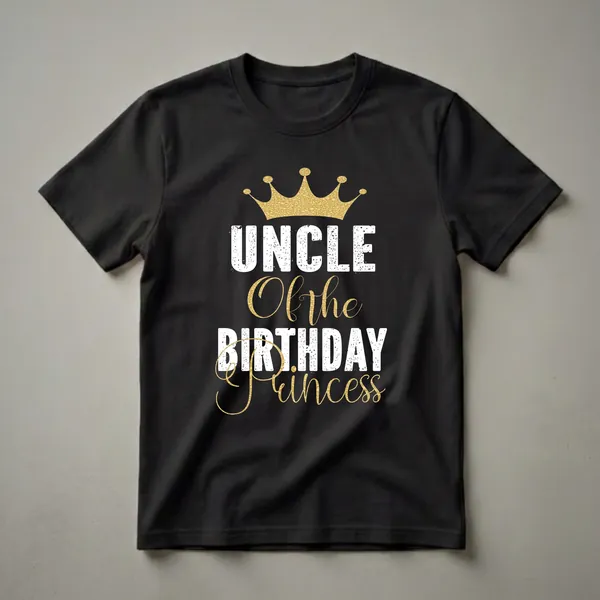 Black t-shirt with distressed white text reading 'UNCLE' and 'BIRTHDAY', and gold script text reading 'Of the' and 'Princess', topped with a textured gold crown.