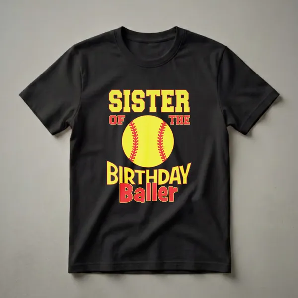 Black t-shirt with yellow and red text that reads 'SISTER OF THE BIRTHDAY Baller' with a graphic of a yellow softball with red stitching in the center.